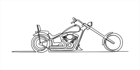 Single line drawing of a custom chopper motorcycle in black outline on a white background Vector, illustration © Ratna Art_Gallery