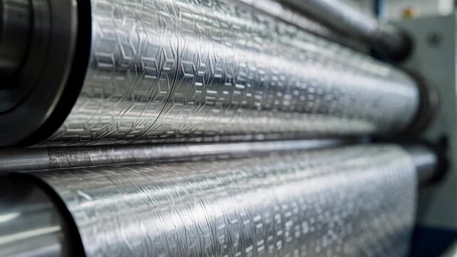 Closeup view of rollers embossing intricate geometric patterns on shiny foil webs highlighting the precision texture applied to highquality packaging materials.
