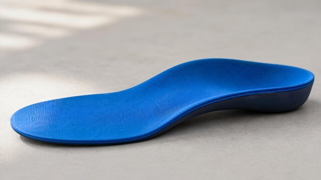 A custom blue orthotic insole resting on a neutral surface, highlighting its arch.