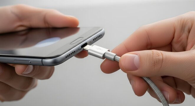 Person plugging usb type c cable into smartphone charging port.