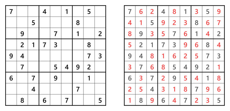 Classic 9x9 sudoku grid with medium difficulty level,  single solution logic puzzle, brain training number game