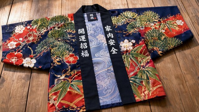 Vibrant Japanese happi coat with pine, bamboo, and plum patterns.