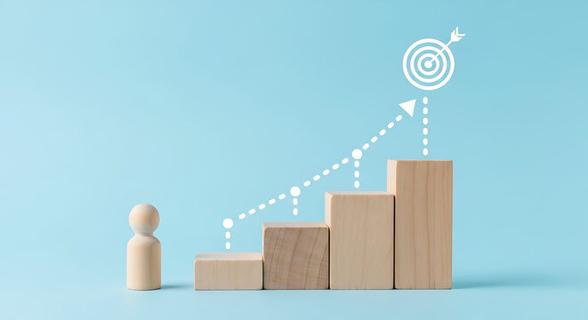 Wooden figure on steps leading to target with upward arrow person block
