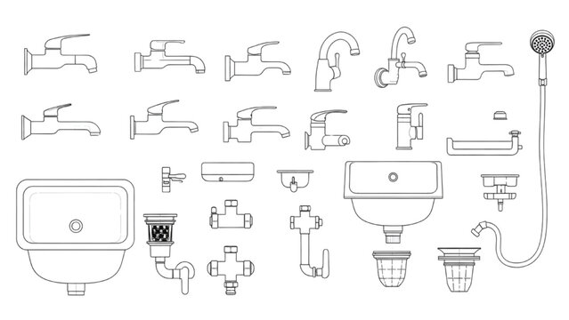 An illustration of various plumbing fixtures and accessories, including faucets, sinks, showerhead, and pipes