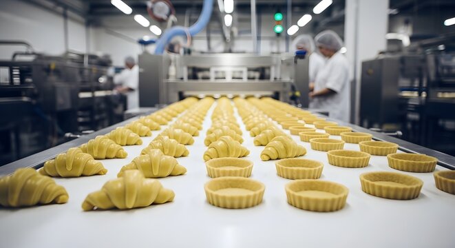 Rows of fresh unbaked croissants and pastry tarts on factory beltway.