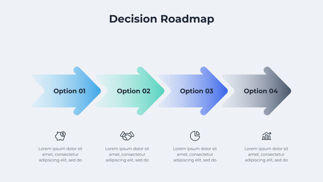 Four Option Horizontal Arrow Roadmap Infographic for Decision Sequence, Project Path and Progress Presentation