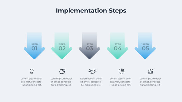 Five Step Down Arrow Infographic for Implementation Sequence, Task Progress and Project Presentation
