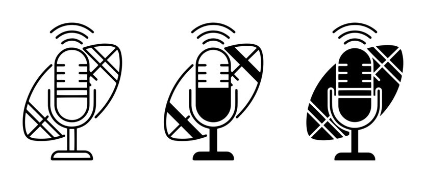 Retro Microphone and Surfboard Icons, Podcast Audio Broadcast Symbols, Vintage Radio Wave Graphics