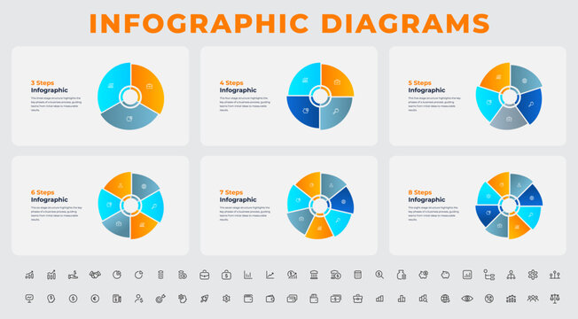 Six Segmented Circle Process Diagram Set with Three to Eight Steps for Business Presentation