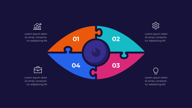 Four Segment Puzzle Eye Infographic for Business Vision, Insight Analysis and Strategy Presentation on Dark Background