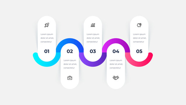 Five Step Wavy Timeline Infographic with Vertical Cards for Milestone Tracking and Process Presentation