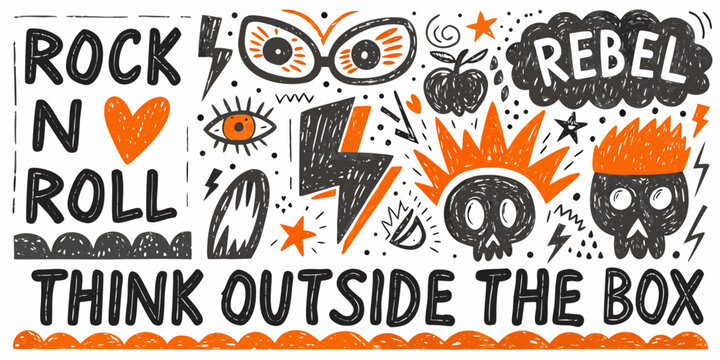 Punk Rock Vector Doodle Collection With Skulls And Lightning Bolts