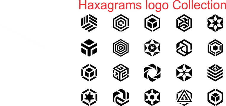 A premium collection of black-and-white hexagram icons designed in a clean vector style. The set features geometric six-pointed star symbols, sacred geometry elements, minimalist line art, modern glyp