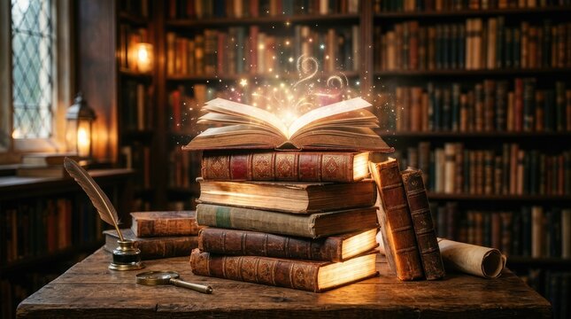 Magical Open Book Glows Above Antique Library Stacks