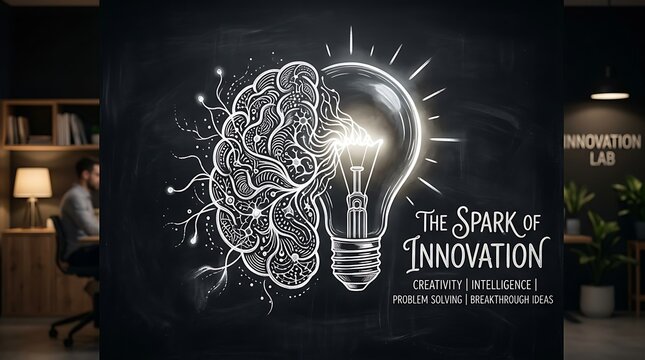 Spark of Innovation Brain and Lightbulb Sketch on Blackboard