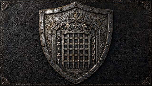 Stylized heraldic portcullis design engraved on a medieval shield, metallic sheen.