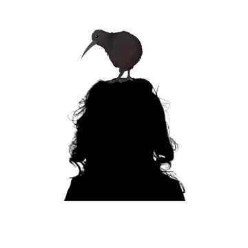 Silhouette of girl with bird on her head.