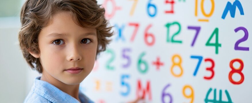 Young student solving math problems with colorful numbers and symbols in a bright classroom.