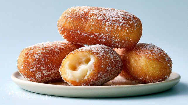 Golden fried pastries dusted with sugar sit invitingly on plate, one revealing creamy filling. image captures indulgent texture and tempting sweetness of these treats