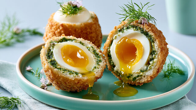 Crispy Scotch eggs with runny yolks and fresh herbs on turquoise plate create delightful culinary presentation. golden breadcrumb coating contrasts beautifully with vibrant greens