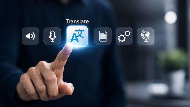 Person finger touching virtual translate button on digital interface screen.