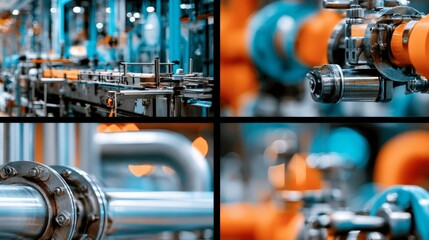 Fototapeta premium Close-up views of industrial pipes and machinery in a factory setting during daytime operations showing various components and structures