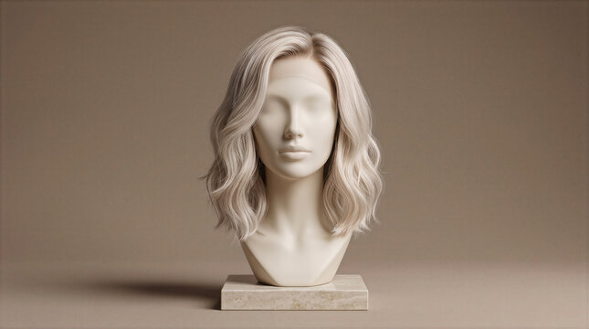 A mannequin head displaying a short, wavy blonde wig on a neutral background.