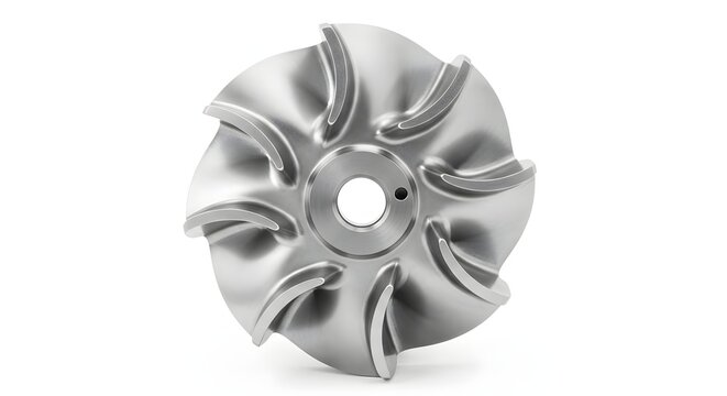 Polished metal impeller or turbine fan wheel on white background.