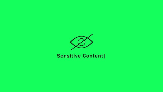 Censored eye symbol with sensitive content warning screen animation on green background. Viewer discretion screen, restricted message overlay, content alert suitable for online safety education