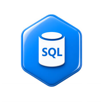 SQL database logo symbol icon glossy shiny button emblem for structured query language data management and information technology on transparent background.