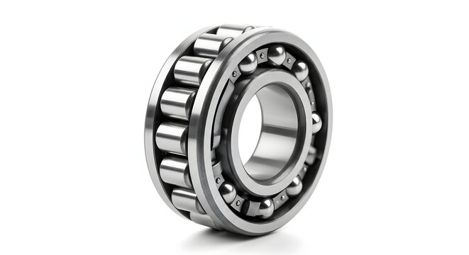 Dual row spherical roller bearing with steel balls and outer casing.