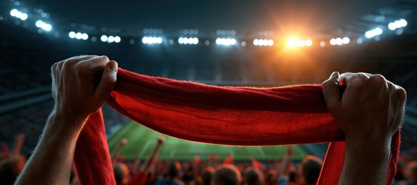 Fans holding scarf in stadium upper deck overlooking illuminated pitch at night