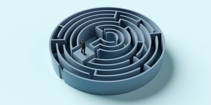 Business man standing on top of a round maze or labyrinth with question mark shaped center, solution or strategy business concept on blue background