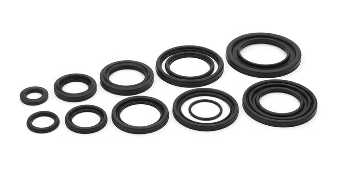 Selection of black rubber hydraulic seals and o rings on white surface.