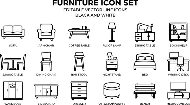 Furniture icon set. Editable line icons. Vector illustration.
