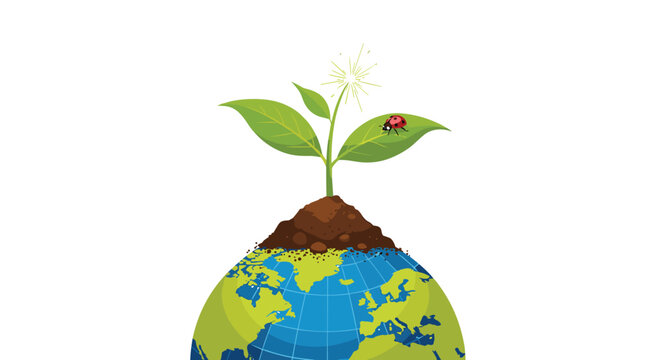 Environmental concept illustration showing a small green sprout with a tiny ladybug growing out of soil on top of the Earth globe.