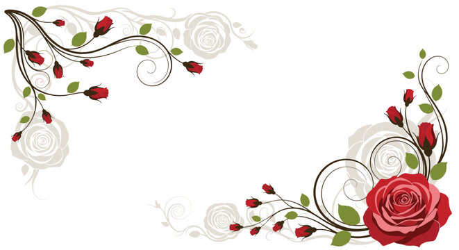 Beautiful floral frames decorated with red rosebud buds green leaves and elegant swirly branches on white background.