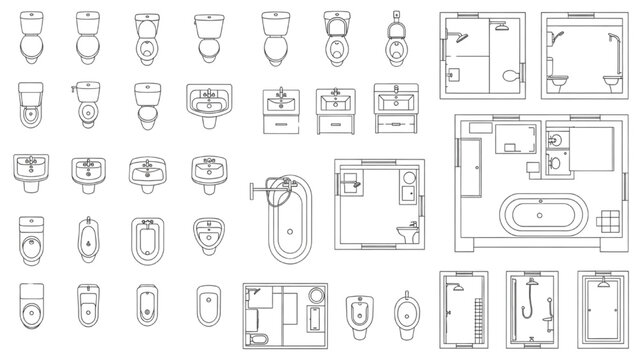 A collection of top-down blueprints and floor plans showcasing various bathroom fixtures and layouts, including toilets, sinks, bathtubs, and shower enclosures