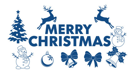 Fototapeta premium Blue silhouette typography design for Merry Christmas with reindeer, snowmen, holiday bells, and pine trees.