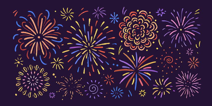 Colorful Fireworks Vector Illustration With Hand Drawn Style