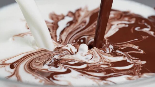 Rich chocolate syrup and fresh milk pouring and mixing together to create a swirl pattern