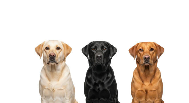 Three yellow, black, fox red Labrador Retrievers sit side-by-side, looking directly at the camera in a high-key white studio. Concept of diverse pet companionship and loyalty