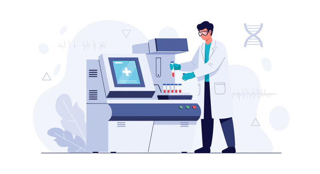 Scientist in Lab Coat Working with Advanced Medical Equipment and Test Tubes, DNA and Medical Graphics in Background