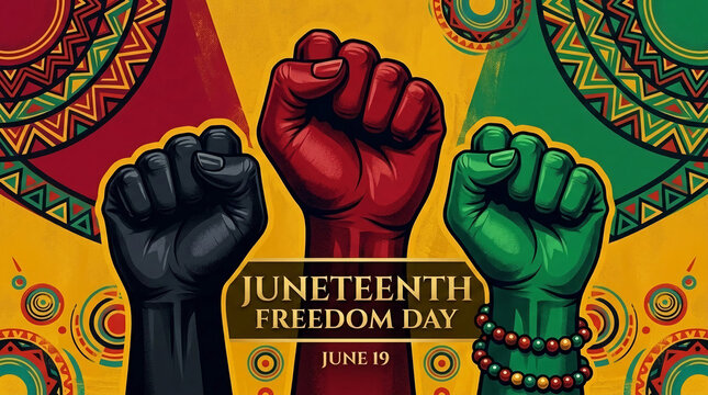 Three fists in black, red, and green rise against a colorful, patterned background celebrating Juneteenth Freedom Day on June 19, symbolizing unity and liberation