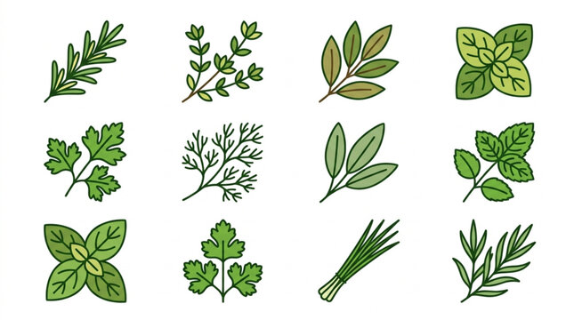 Collection of Fresh Green Herbs and Spices Illustrated.
