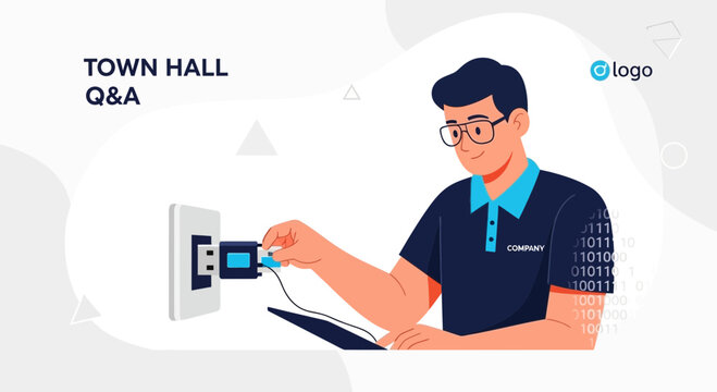 Man Plugging USB into Outlet, Town Hall Q&A Concept, Binary Code Background, Modern Flat Vector Illustration