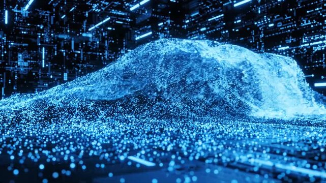 Abstract digital ocean wave of blue particles flowing and crashing, representing data flood, information stream, or network security
