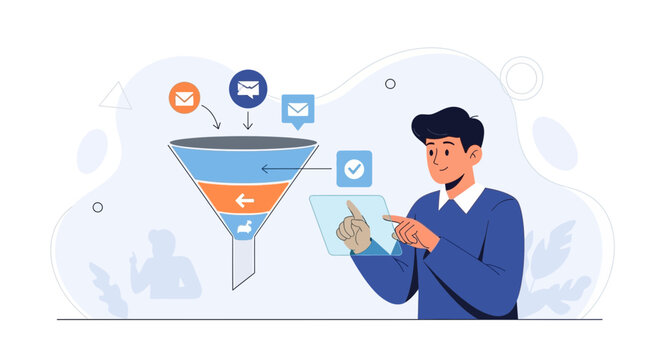 Man using digital tablet to manage marketing funnel with email communication icons, representing sales and lead generation process.