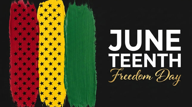 Brush strokes of red, yellow, and green with black stars, next to bold white text reading "JUNE TEENTH Freedom Day", symbolizing liberation and heritage