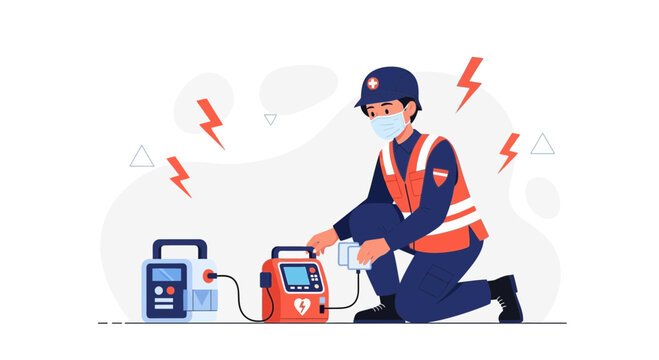 Paramedic with Defibrillator and Medical Equipment, Emergency Medical Services Concept